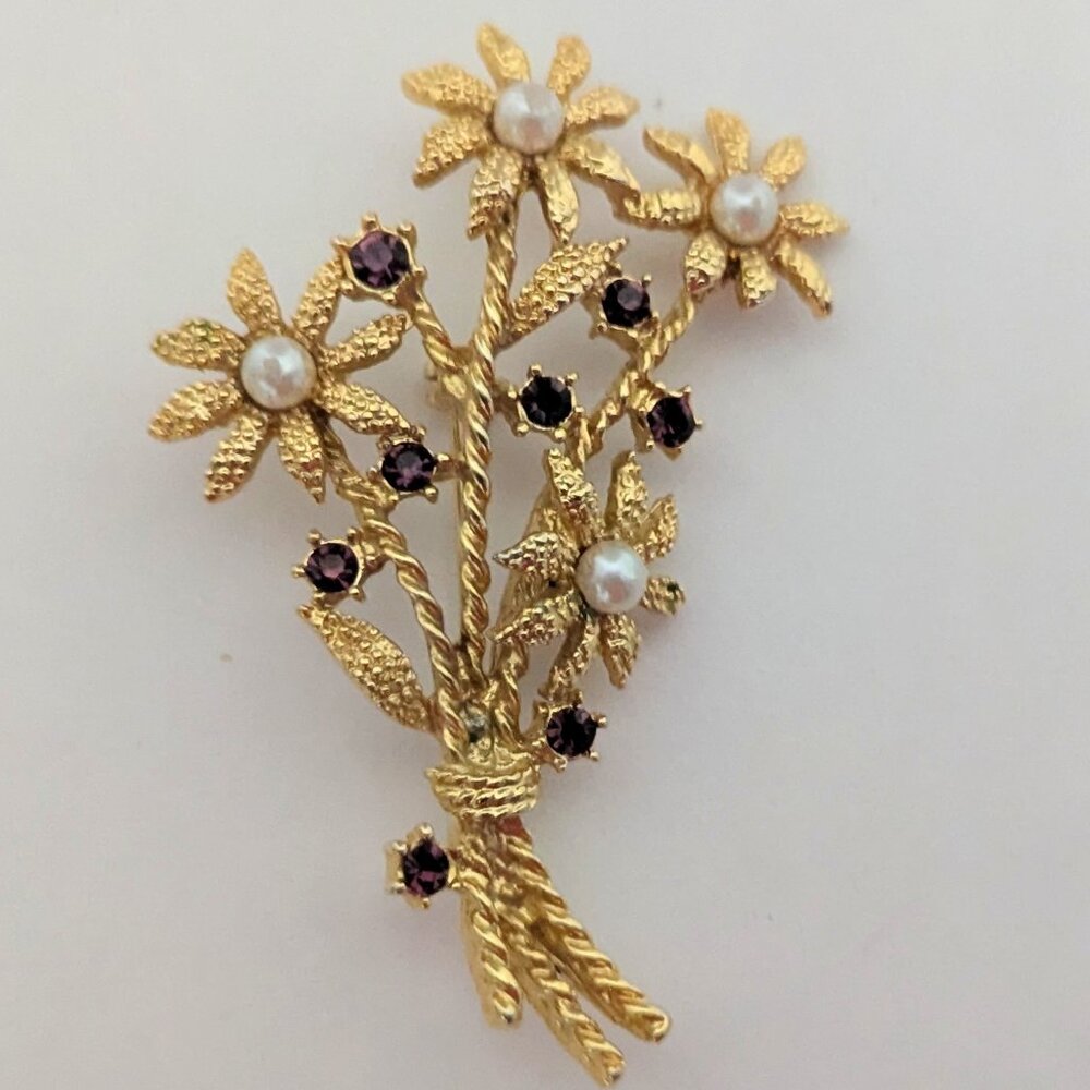 Vintage AAi Statement Brooch w/ Yellow Gold Tone, Faux Pearls & Pink Sparkle!
